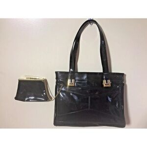 VTG Lou Taylor Black Patent Leather Kelly Shoulder Purse with Coin Purse